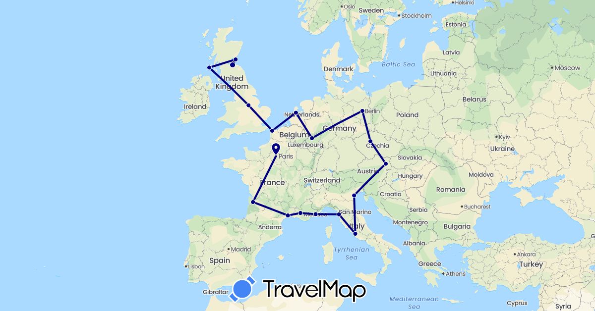 TravelMap itinerary: driving in Austria, Czech Republic, Germany, France, United Kingdom, Italy, Monaco, Netherlands (Europe)